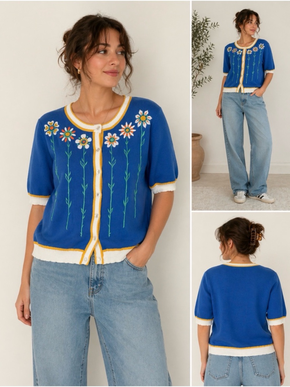 Bob Mackie Wearable Art Blue Floral Button Embroidered Cardigan Size L NWT